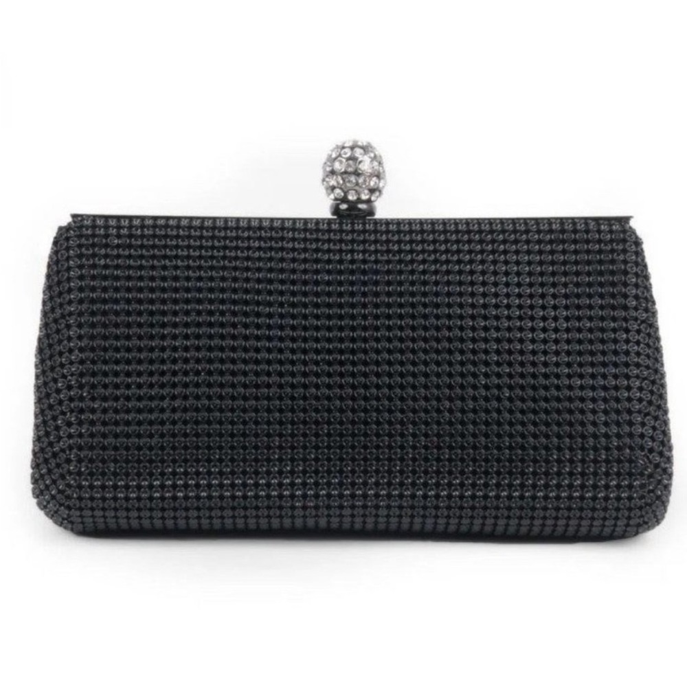 Whiting and Davis Black Mesh Glam Clutch with Rhinestone Clasp, Chain Flapper
